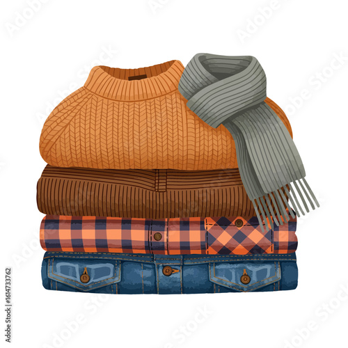 A grey striped wool sweater, knitted jacket, and baby clothes on a hanger, showcasing diverse warm apparel