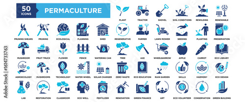 50 Permaculture icon set. Containing design organic, nature, permaculture, agriculture, garden, plant, green	