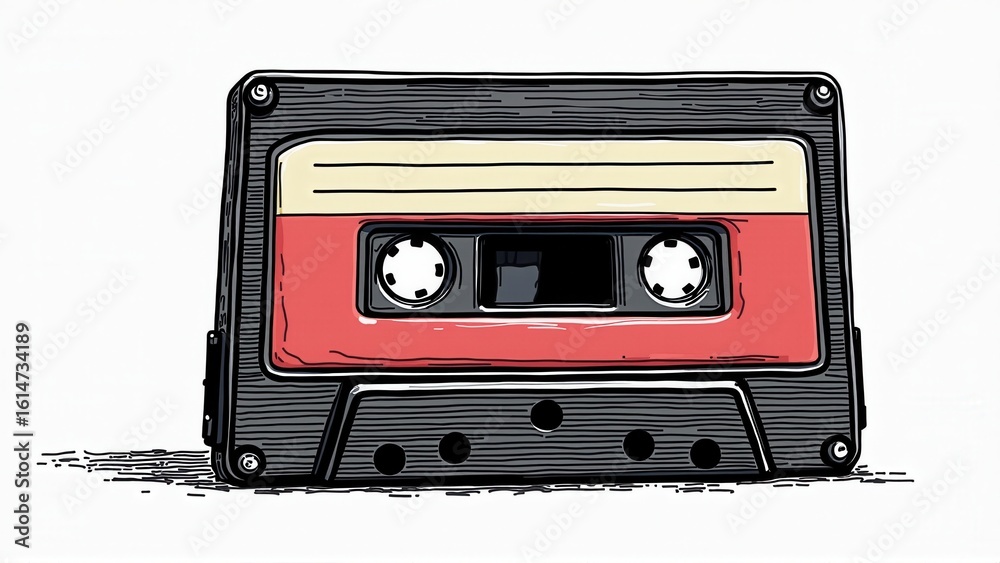 Obraz premium Vibrant hand-drawn illustration of a vintage audio cassette tape, showcasing nostalgia and music.