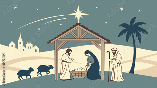 A vintage illustration of the nativity scene depicting the birth of jesus with mary, joseph, and shepherds