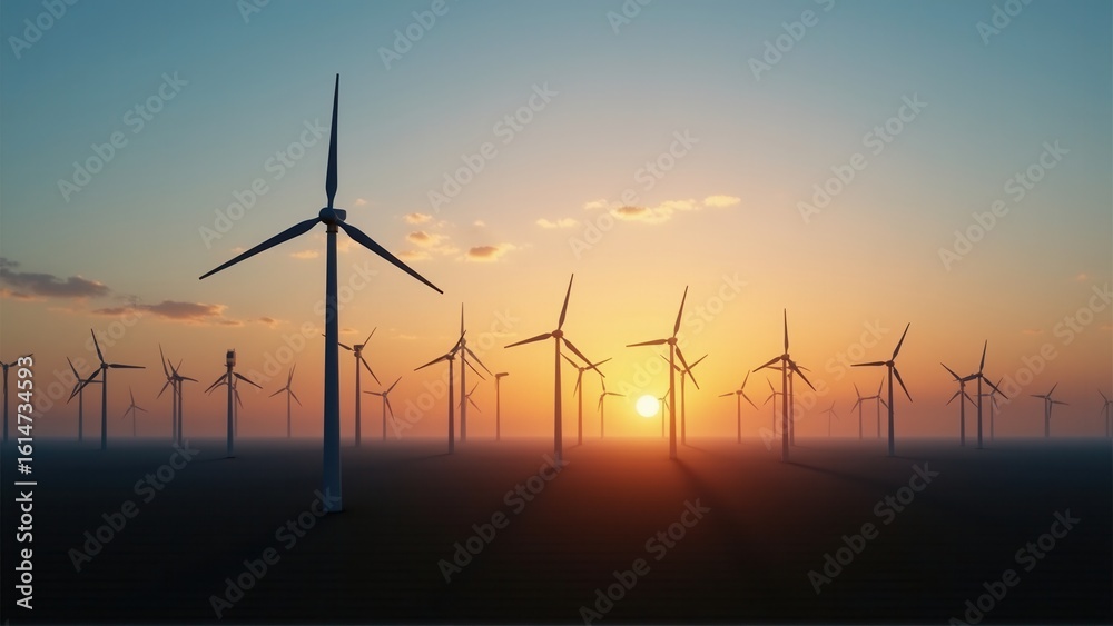 Obraz premium A field of wind turbines silhouettes at sunset creates a sense of clean, sustainable energy sources.