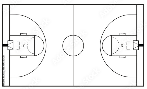 Top-Down Basketball Court Diagram for Sports Strategy, Training Sessions, Game Planning, and Youth Coaching Illustrations