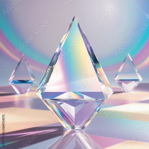 Abstract blue background with shiny crystal glass shapes, colorful geometric designs, and sparkling jewel elements