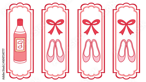 Four vertical pink and red ornate decorative bookmarks with ballet shoes vector