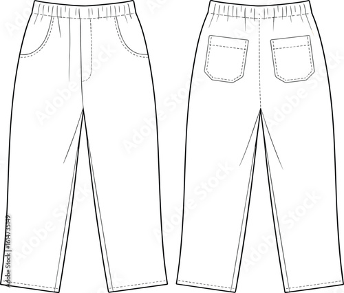 Flat vector CAD drawing of kids' elastic waist pants with patch pockets, front and back view, fashion design template sketch
