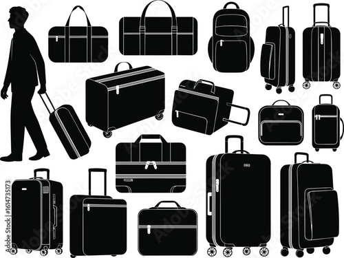 Travel Luggage Silhouettes with Man Walking and Suitcases – Perfect for Journey, Adventure, Airport, Packing, and Lifestyle Concepts