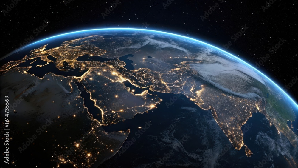 Fototapeta premium View of earth from space at night showing illuminated cities and continents