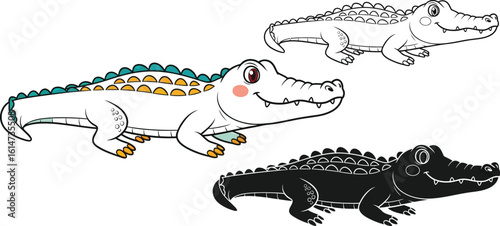 Cute cartoon alligator vector illustration set for kids coloring pages and design elements