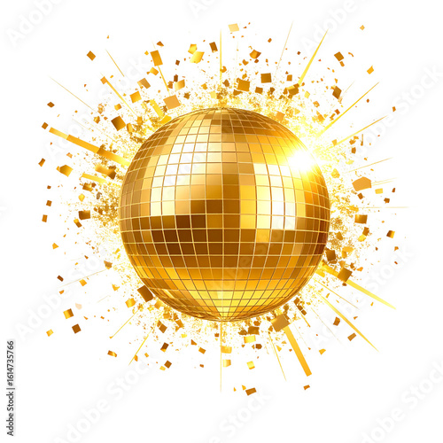 A bright gold disco ball with a shimmering reflective mirror. Perfect for parties, clubs or celebrations