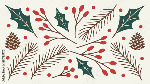 Hand drawn festive winter botanicals with pinecones and berries berry