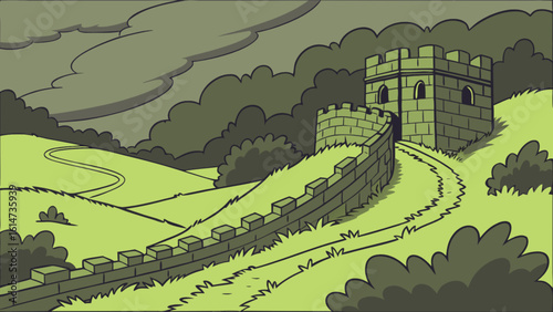 Great wall of china illustration vector drawing of chinese landmark with tower and green landscape art