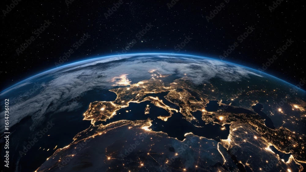 Obraz premium View of earth from space at night showing illuminated cities in europe