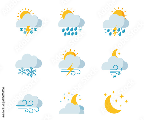 Collection of Diverse Weather Condition Icons Featuring Sun Clouds Rain Snow Lightning Wind and Night Sky