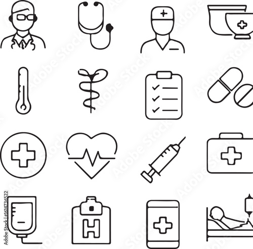 Collection of Line Art Medical Icons Representing Healthcare and Medical Professions in a Simple and Modern Design