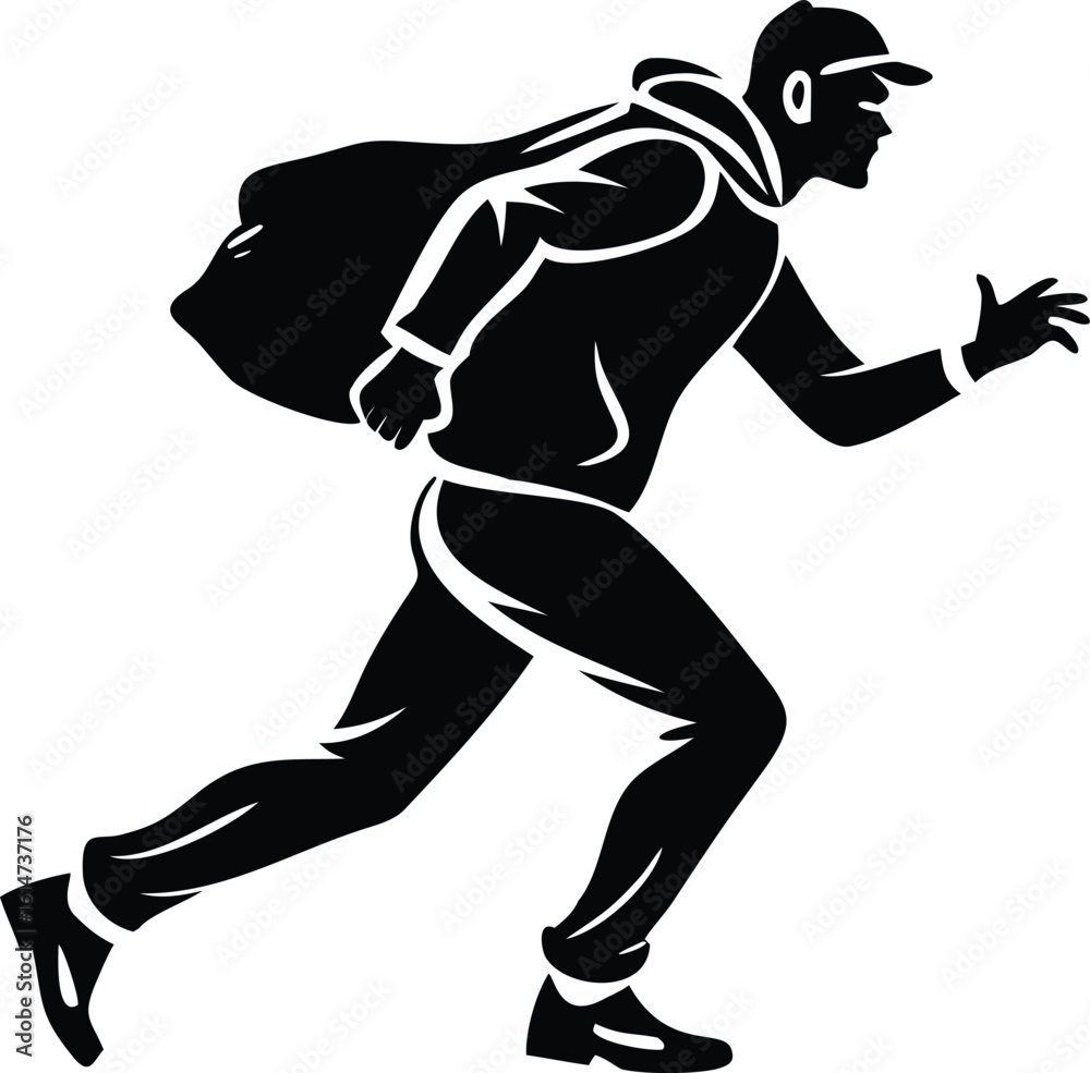 Black Silhouette Illustration of a Burglar Running with a Bag of Loot on White Background Black Silhouette Illustration of a Burglar Running with a Bag of Loot on White Background