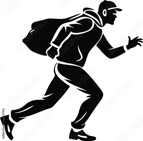 Black Silhouette Illustration of a Burglar Running with a Bag of Loot on White Background
