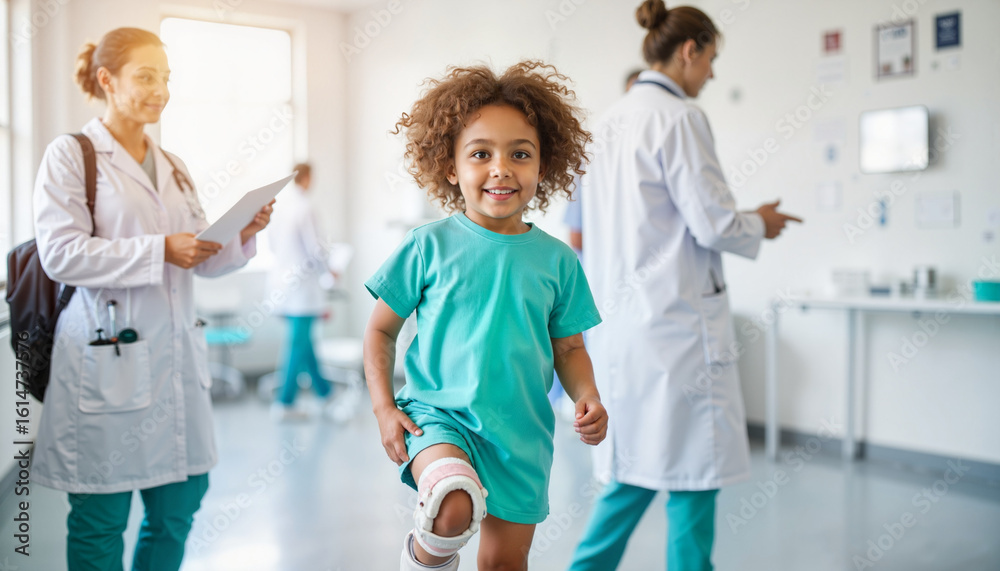 Fototapeta premium Joyful child with leg brace smiling in hospital, hope and resilience