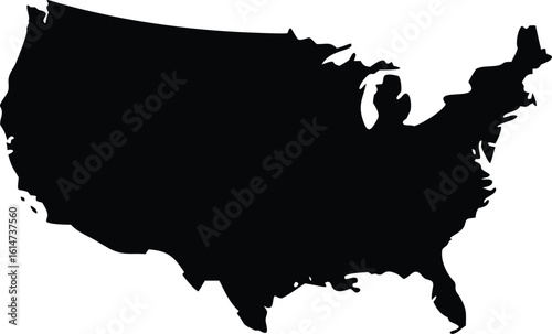 Black Silhouette Map of the United States of America on a White Background