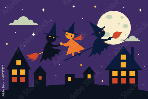 trick or treaters flying broomsticks night