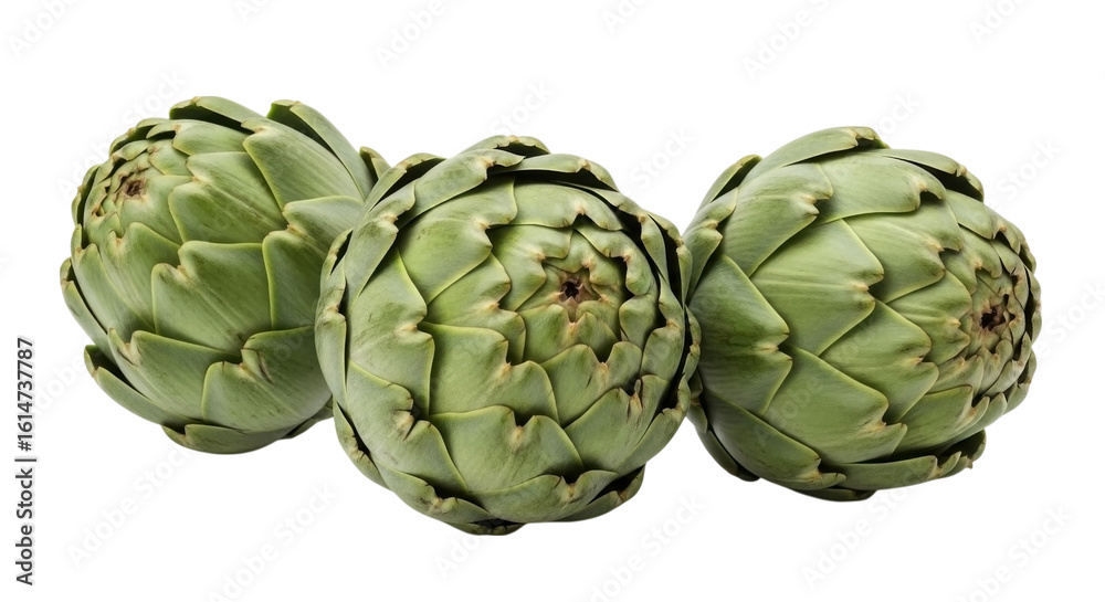 Fototapeta premium Three fresh green artichokes with layered petals and stems isolated on transparent background