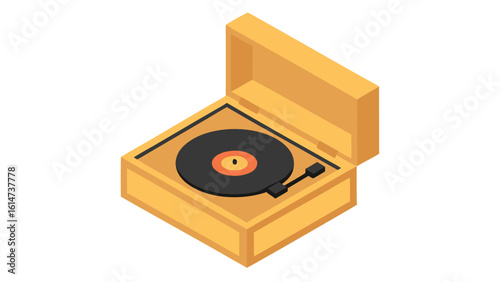 Isometric vintage portable record player with black vinyl retro turntable
