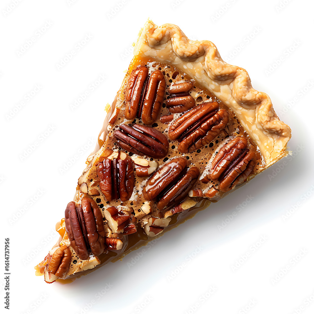 A slice of pecan pie with a golden crust and glossy filling, topped with whole pecans. A slice of pecan pie with a golden crust and glossy filling, topped with whole pecans.