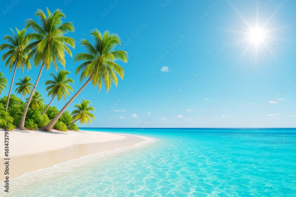 Fototapeta premium Tropical beach with palm trees and clear turquoise water under bright sun on a sunny day, peaceful seascape background concept..