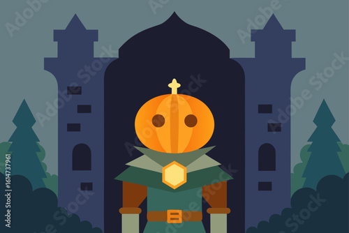 pumpkin headed knight guarding misty forest gate