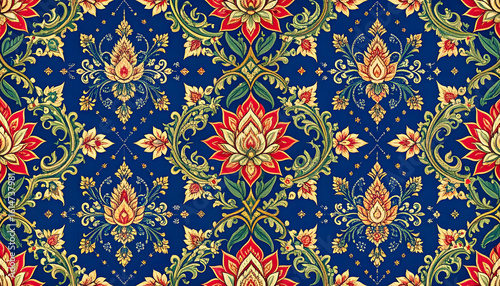 lotus flower and Thai pattern textile design, detailed floral motif with traditional 
