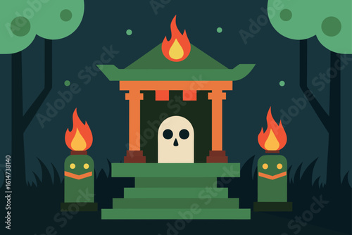 ancient forest shrine floating ghost masks
