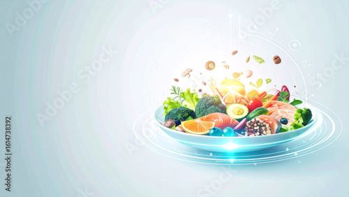 Futuristic food technology concept illustrating a balanced, nutritious meal with glowing digital elements. Healthy diet and wellness.