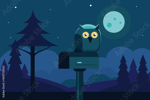 owl mailbox forest clearing under moon