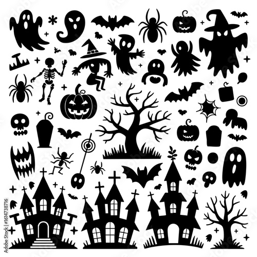 Spooky halloween silhouette collection featuring ghosts bats skeletons haunted houses and creepy trees