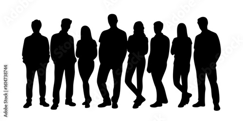 Diverse group of silhouetted individuals standing together in a line against a white background