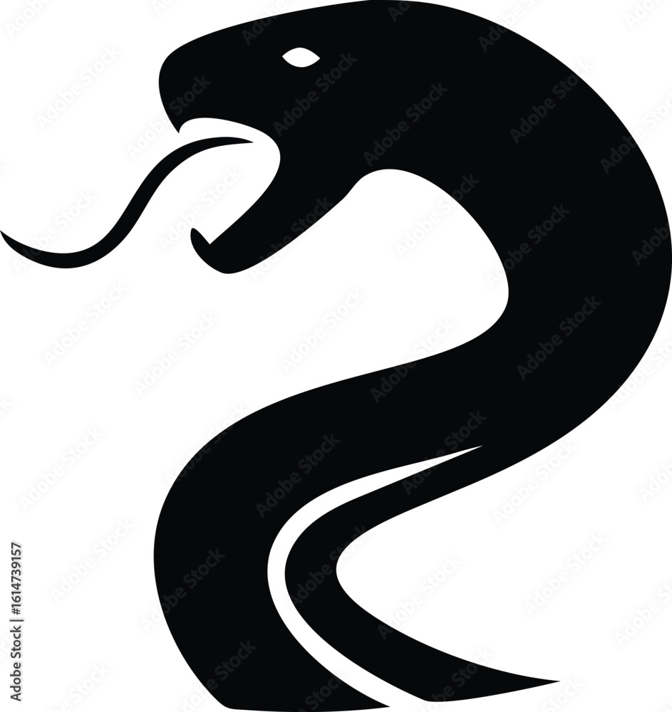Naklejka premium Black Silhouette of a Snake Coiled with an Open Mouth and Visible Tongue on White