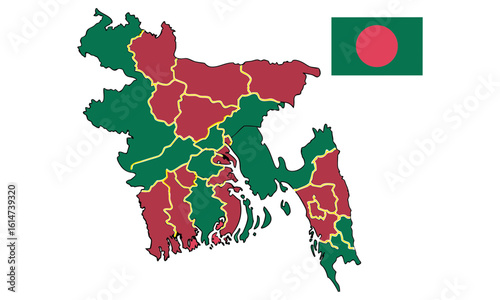 Map of bangladesh divided into regions with national flag