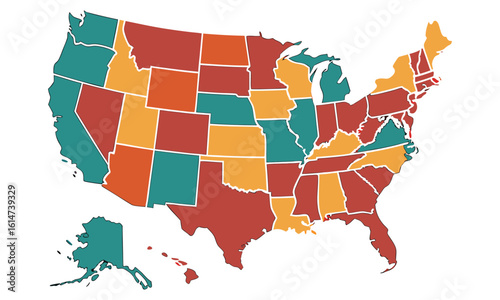 United states map with states colored in teal orange and red