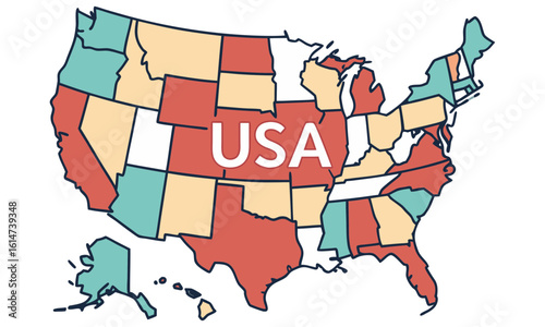 Colorful map of the united states with usa text
