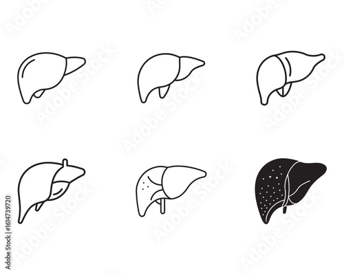 Set of different liver icons depicting healthy and unhealthy conditions in a simple black and white line art style