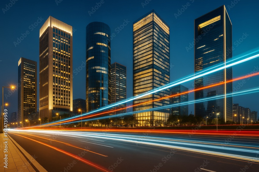 Obraz premium Modern city skyline with illuminated skyscrapers and light trails on street at night, depicting urban lifestyle and technology concept background.