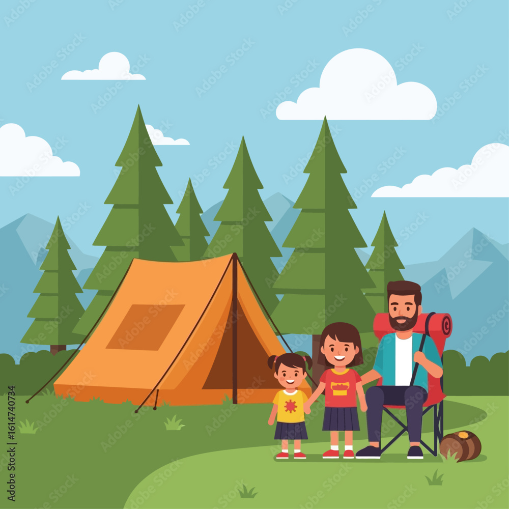 Naklejka premium A father and two daughters enjoying a camping trip in the outdoors.