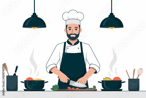 Chef Preparing Gourmet Dishes in Modern Kitchen Illustration