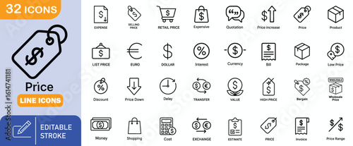 Price Line Icon Set: An elegant collection of 32 financial and monetary symbols arranged in a grid, perfect for representing costs, discounts, and related concepts in a sleek design.