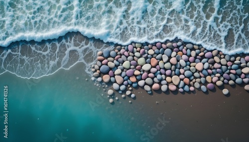 Aerial view of colorful pebbles on the beach meeting the ocean waves creating a serene seascape