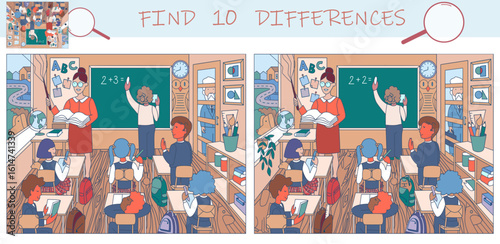 Find the differences game. Teacher teach children in class. Puzzle Hidden Items. Lesson in school classroom. Funny cartoon character. Sketch vector illustration