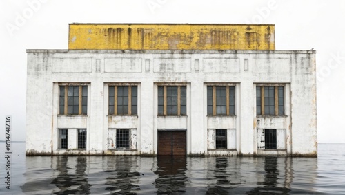 Abandoned white building with yellow roof partially submerged in water