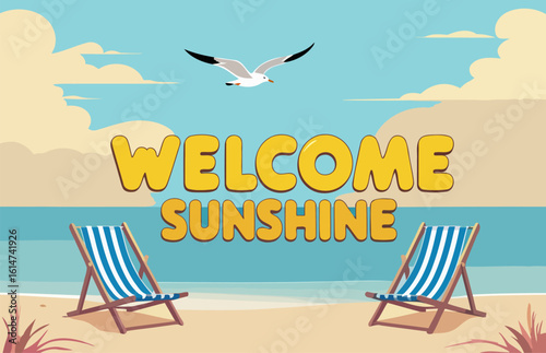 Summer Beach Scene with Welcome Message and Blue Sky Background