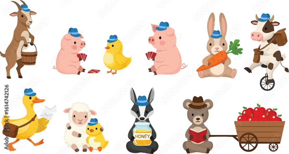 Fototapeta premium Cute cartoon animals wearing hats vector illustration for kids book or farm animal theme