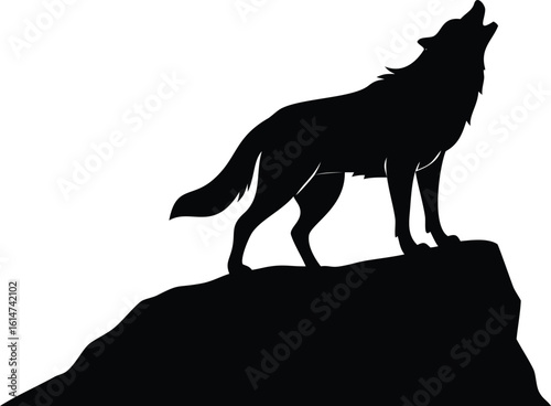 Black Silhouette of Howling Wolf on a Cliff Against a White Background Illustration