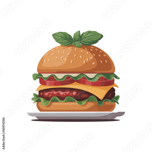 Delicious Burger Creation, Gourmet Food, Kitchen Setting, Illustration, Vibrant Colors, Close-Up View